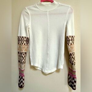 We The Free S White thermal Top with Brown and Pink Patterned knit Sleeves Y2K